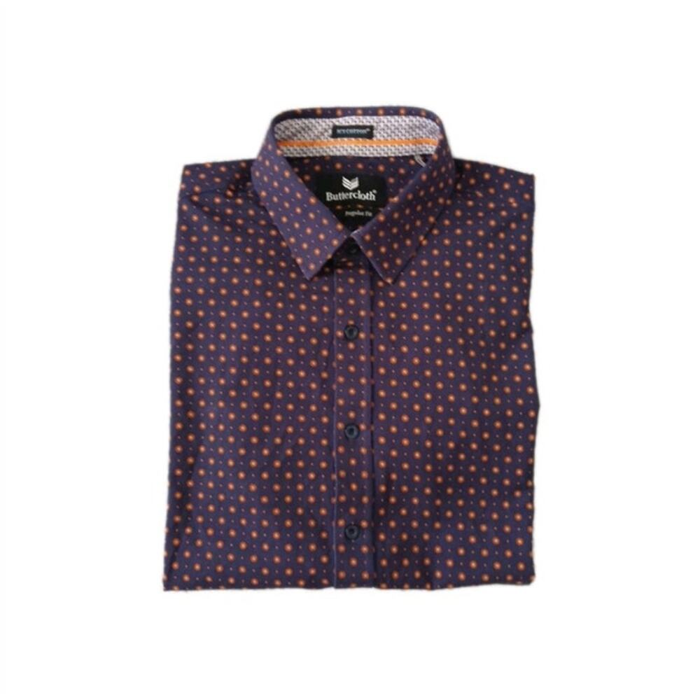 Buttercloth Men's Navy Dress Shirt with Orange Dot Pattern